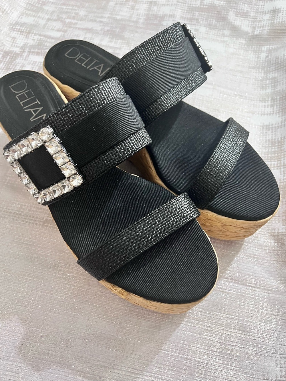 NWOB $99 Deltan - Black Rhinestone Buckle Raffia Platform Wedge Sandals